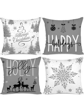 18x18 Set of 4 Farmhouse Christmas Decorations Happy Holidays  Pillow Covers